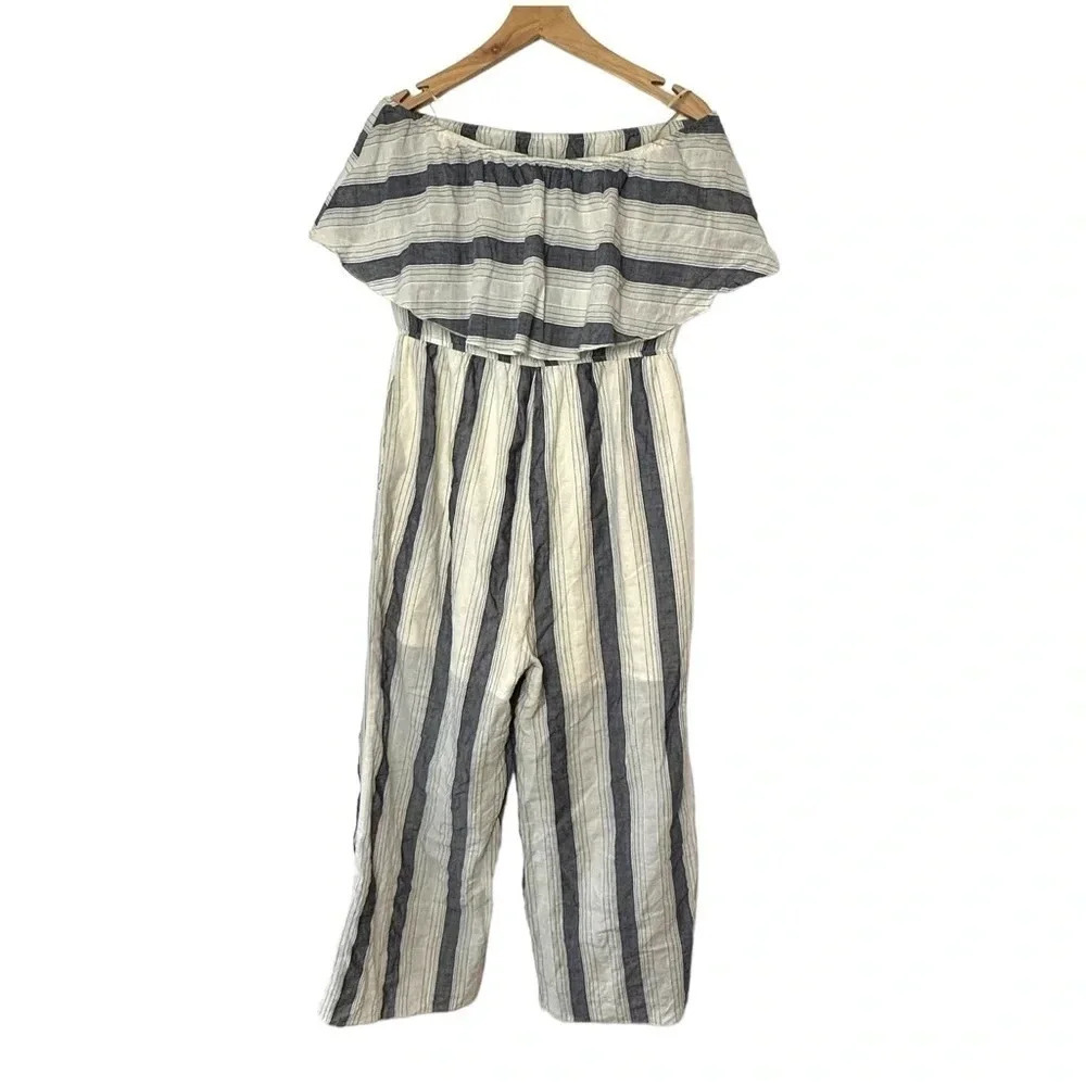 Mystree L blue & cream striped off the shoulder lightweight jumpsuit pockets